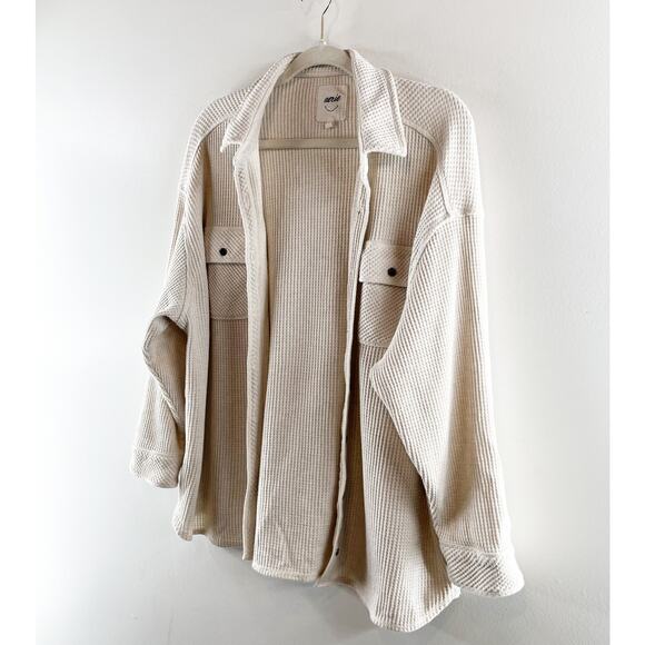 Aerie Lumberjane Waffle Snap Button Top Shacket Cream Medium - Picture 5 of 8